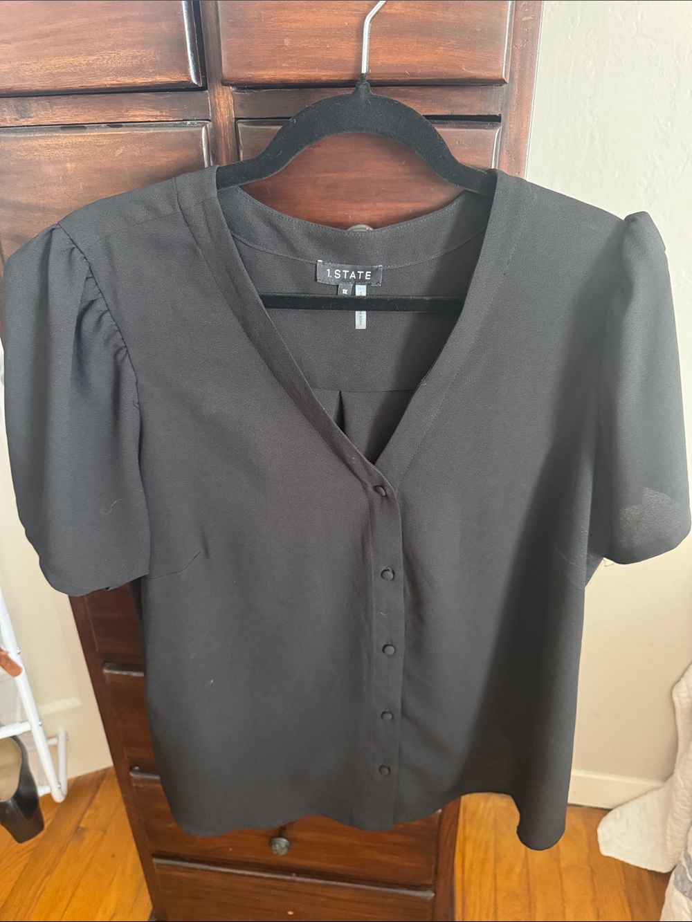 1. State Black V-Neck Button Front Blouse with Puff Sleeves